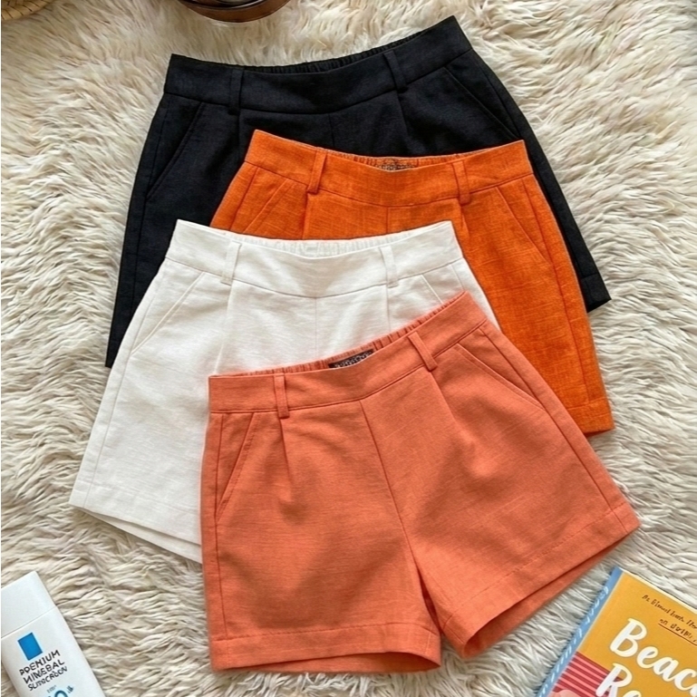 Shorts Alfaiataria Feminino Cintura Alta com Elástico com Pince Elegantes com Passante
