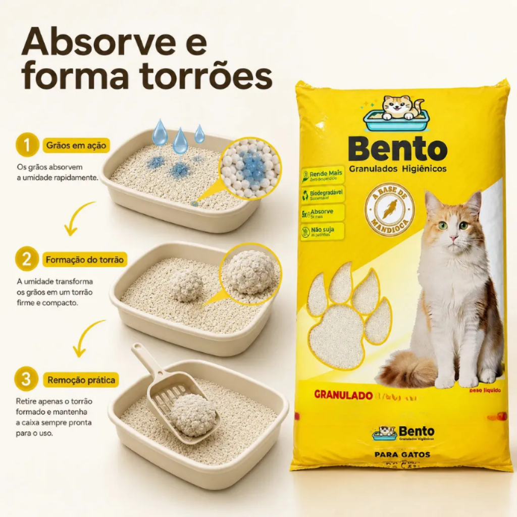 Areia Higiênica biodegradável Mandioca Alta Absorção Controle de Odor bio Gato cat bento 1,5 kilos — imagem 2 de 2