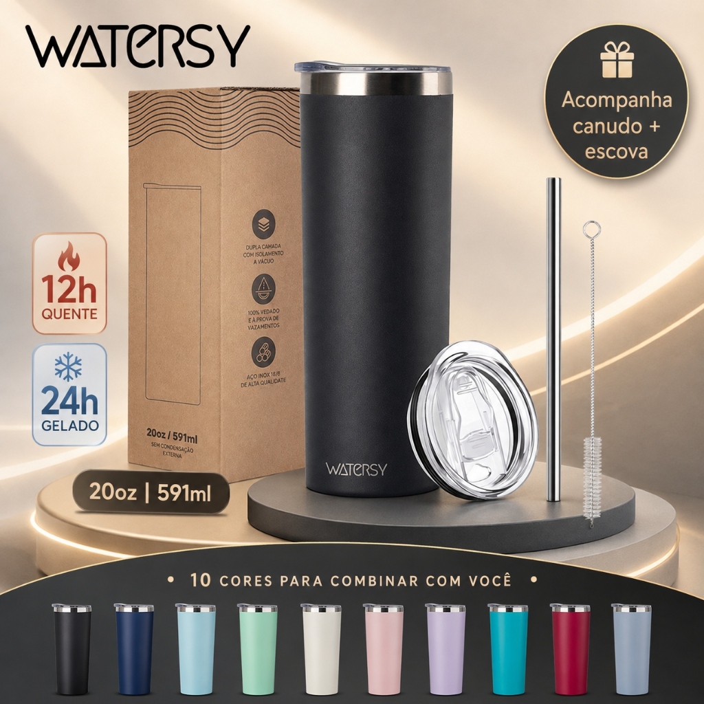 WATERSY Copo Térmico 591ml Inox 18/8 com Tampa Canudo e Escova Presente