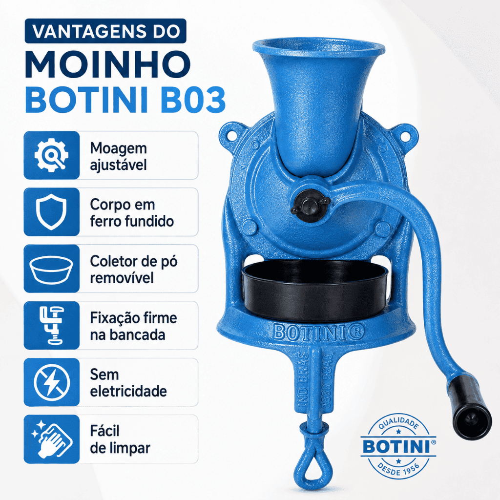 Moinho Moedor de Café e Grãos Manual Botini B03 Ferro Fundido com Coletor