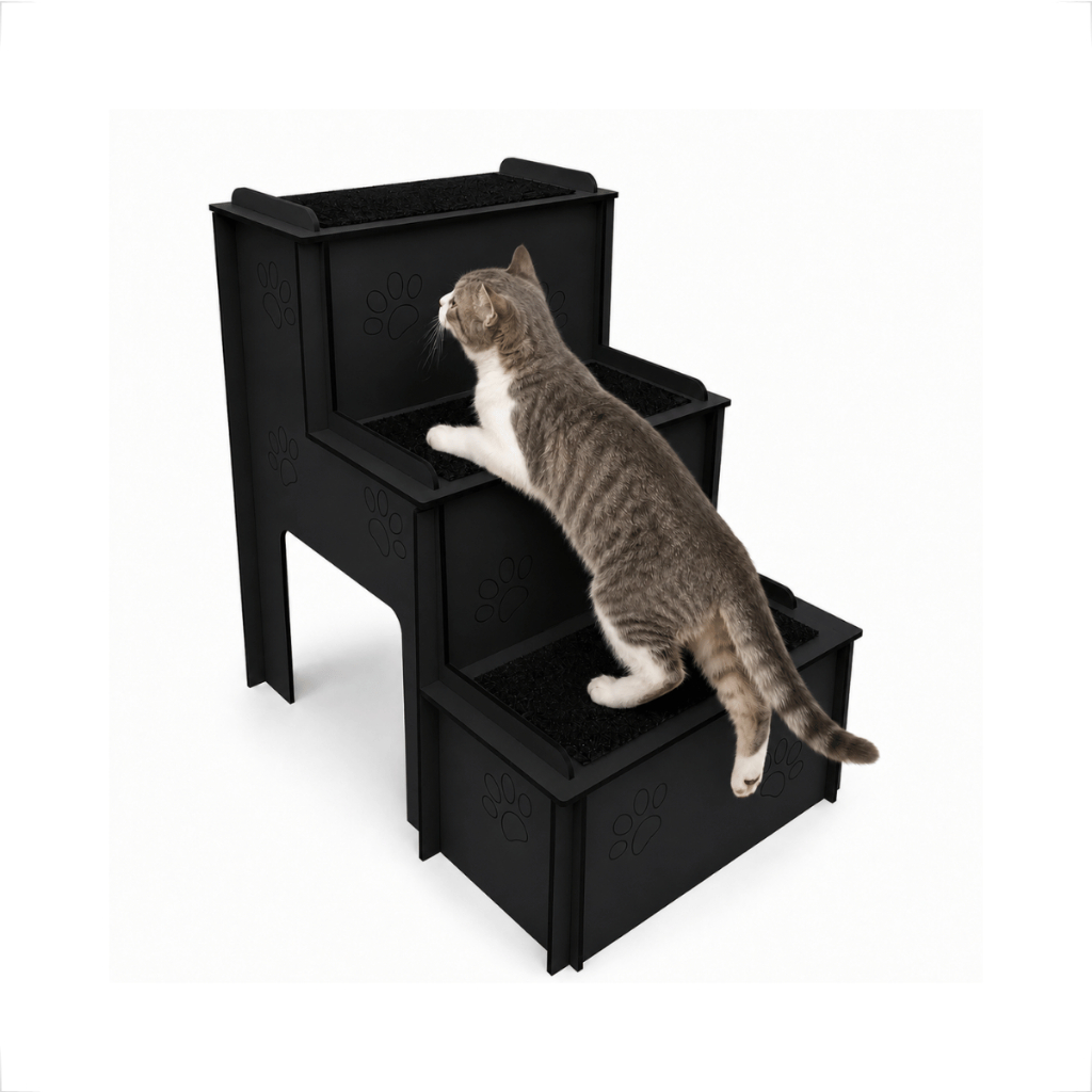 Escadinha Pet Cachorro Gato Mdf Preto 3 Degraus Com Carpete Antiderrapante Para Camas Sofás — imagem 2 de 2