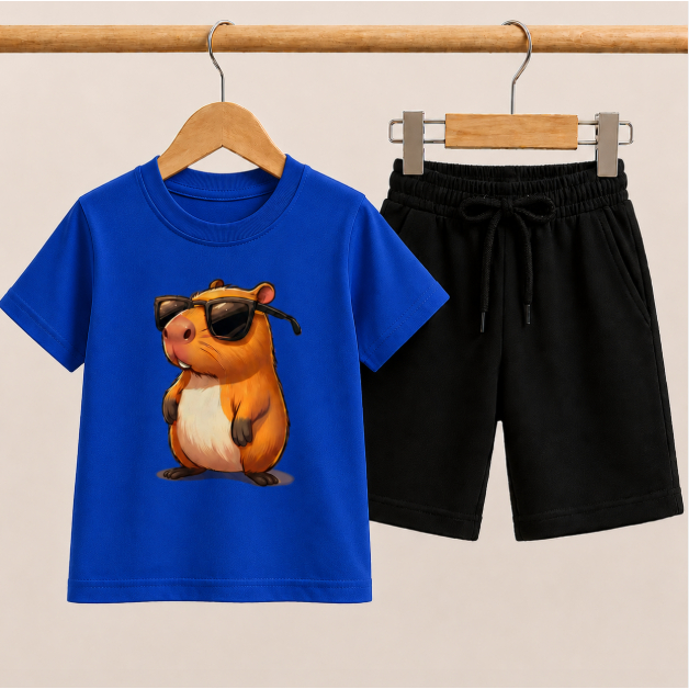 CONJUNTO INFANTIL MENINO CAMISETA ESTAMPADA CAPIVARA + BERMUDA MOLETINHO