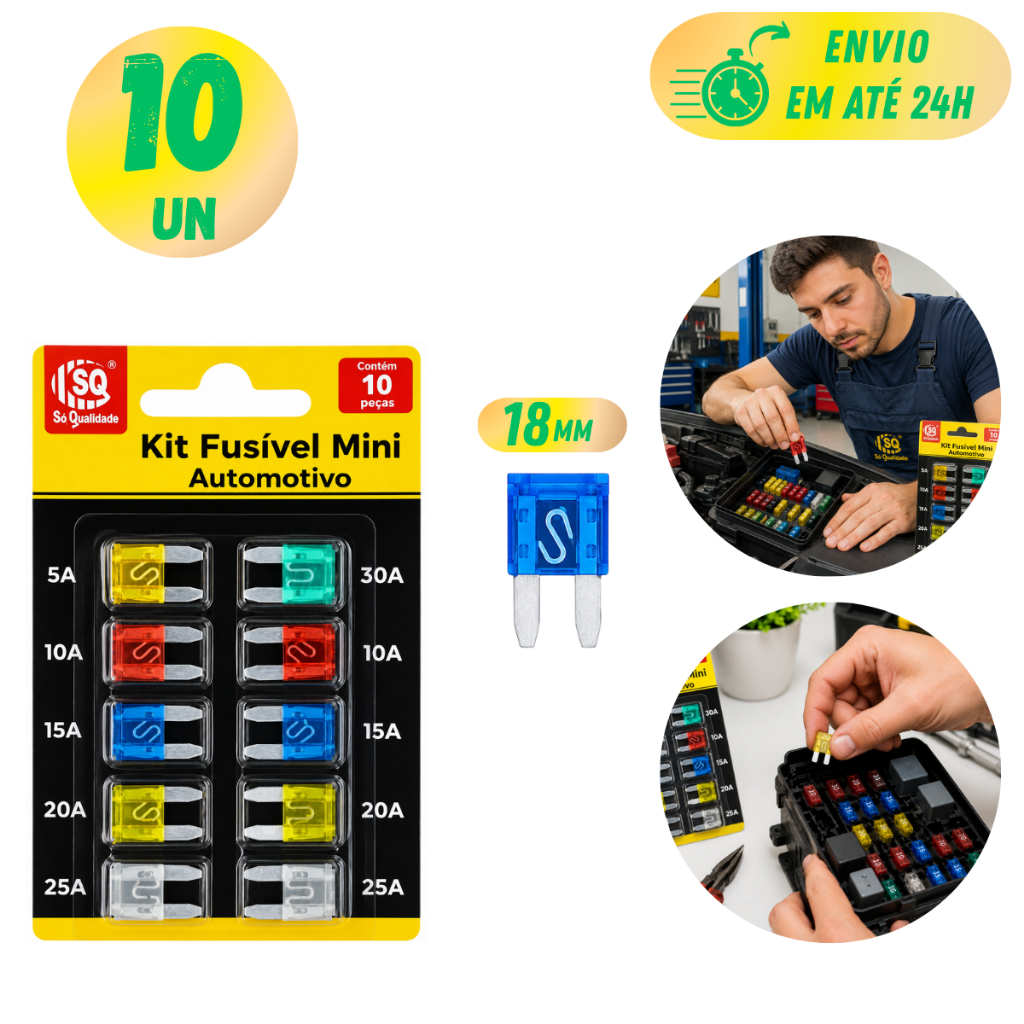 Kit 10 Mini Fusível Automotivo Carro Moto Caminhão Reposição Elétrica 5A 10A 15A 20A 25A 30A Cores