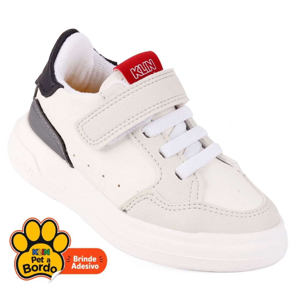 Tênis Infantil Menino Klin Capri Mini Branco e Preto com Velcro e Elástico