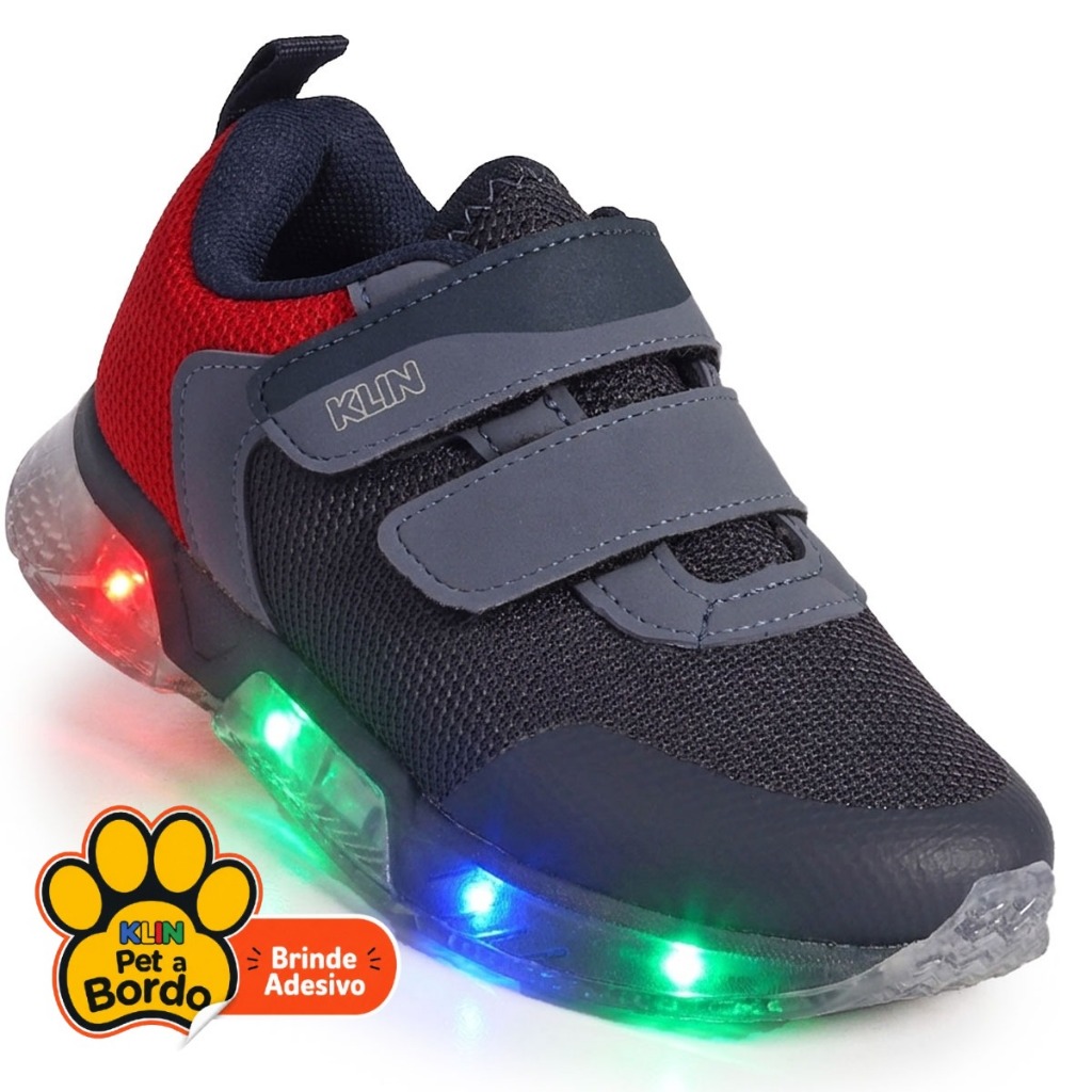 Tênis Infantil Klin Light Menino com LED e Tira Dupla Aderente - Marinho/Vermelho