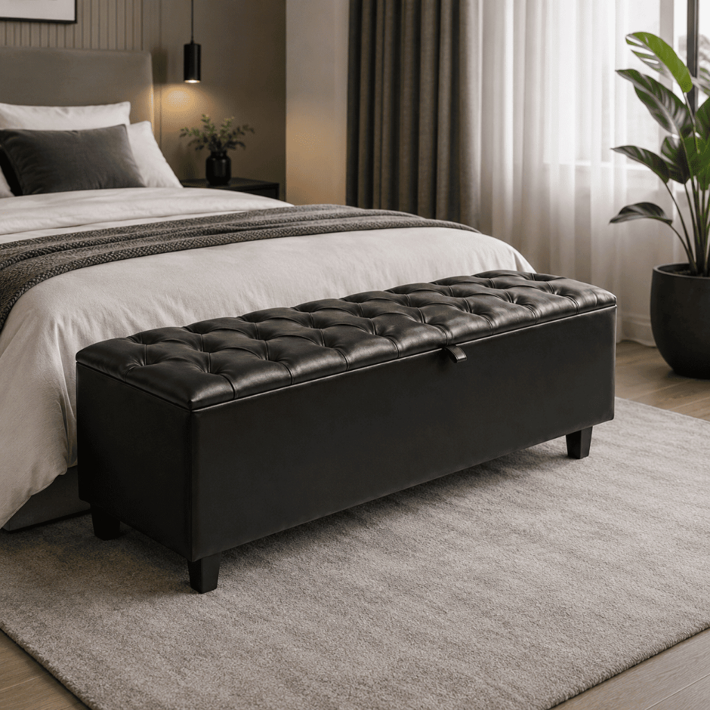Puff baú 120cm organizador Recamier em Corino – Luxo para Pés da Cama