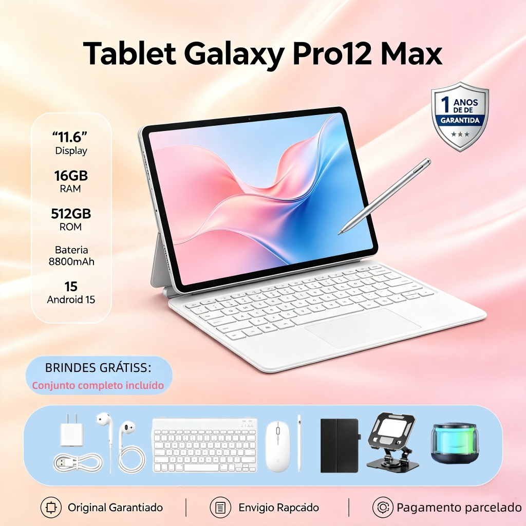 [Teclado e mouse grátis] Tablet Galaxy Pro12 Max 11,6 polegadas, 16 GB + 512 GB, Android, bateria de 8.800 mAh