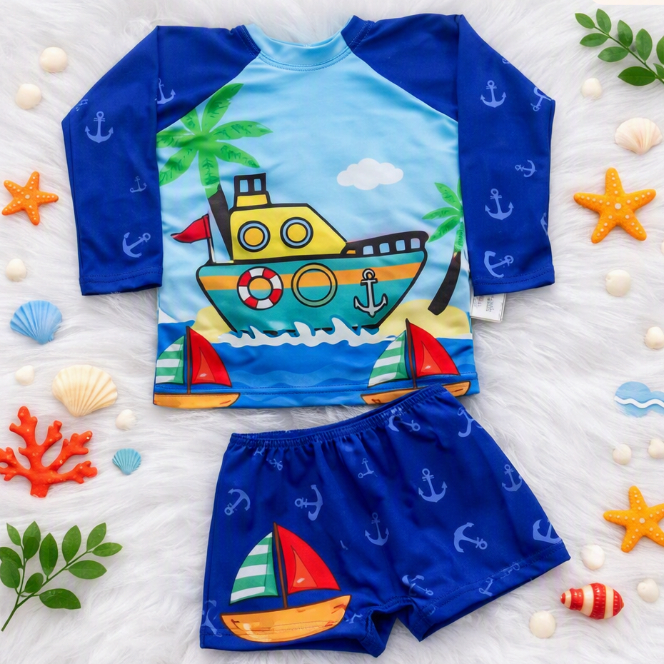 Sunga com elástico Infantil + Blusa Proteção Térmica UV50+ Roupa De Banho Bebê Conjunto Praia Piscina