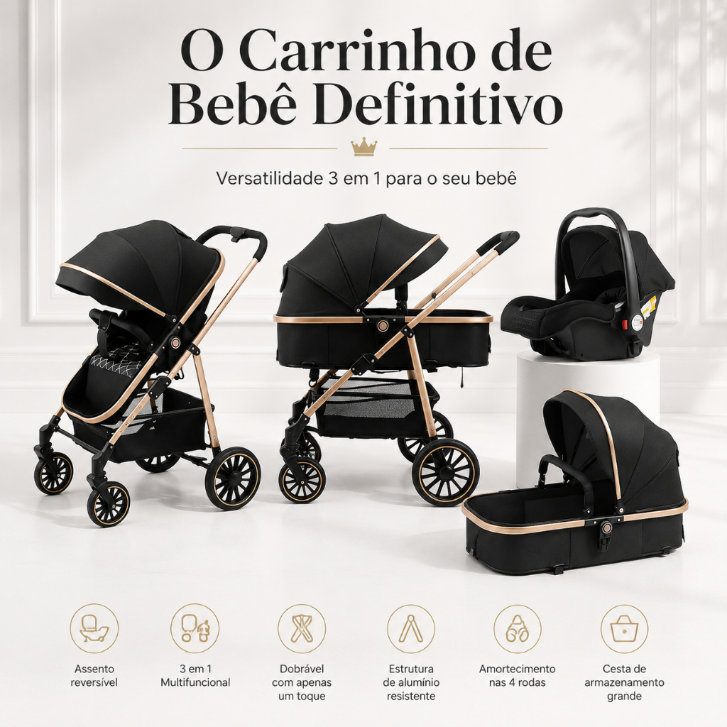 Carrinho Completo 3 EM 1 Com Moisés e Bebe Conforto - Modelo Europeu Luxo