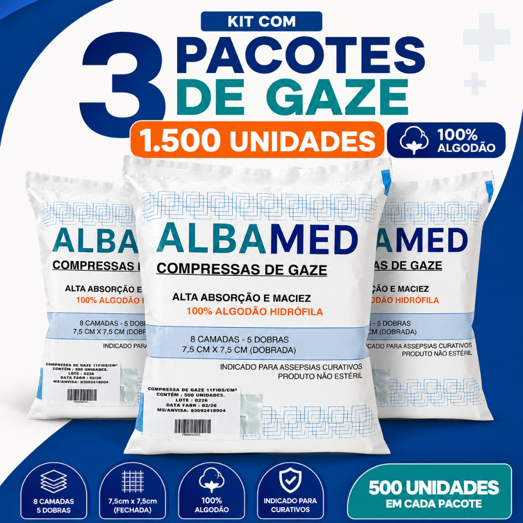 Kit 3 Pacotes Compressas de Gaze 1500 Unidades 100% Algodão 09 11 ou 13 Fios