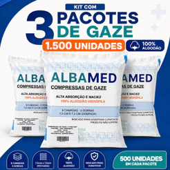 Kit 3 Pacotes Compressas de Gaze 1500 Unidades 100% Algodão 09 11 ou 13 Fios