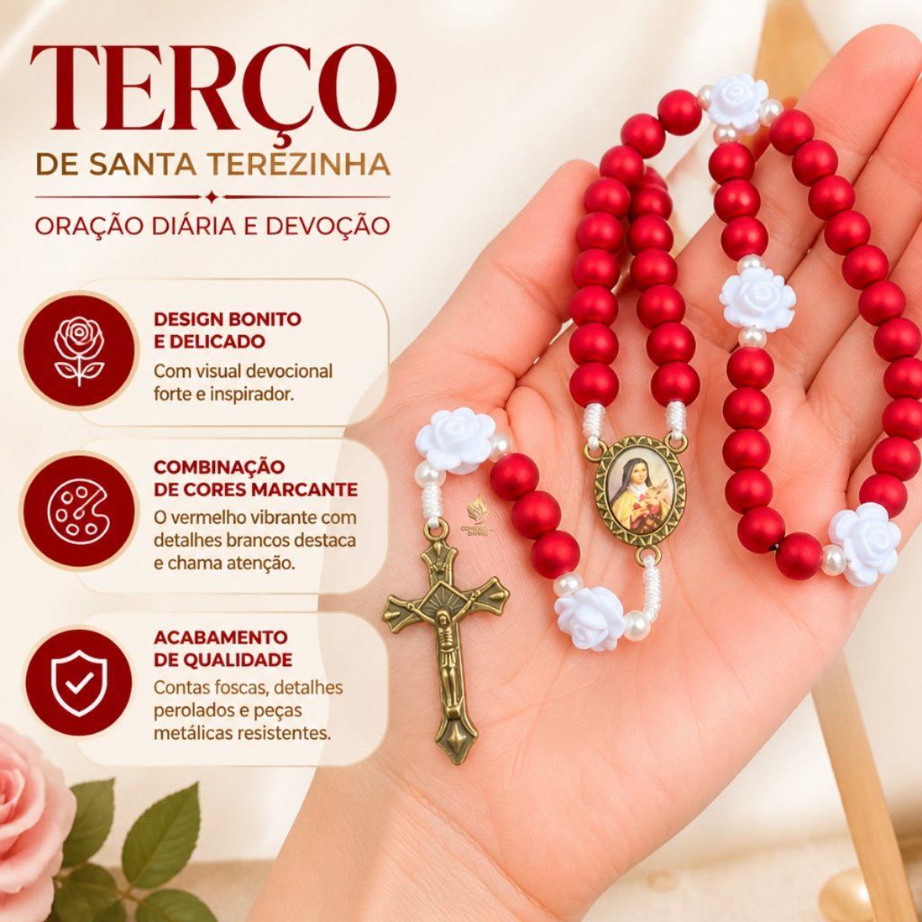 Terço santa terezinha vermelho com rosas oração diária