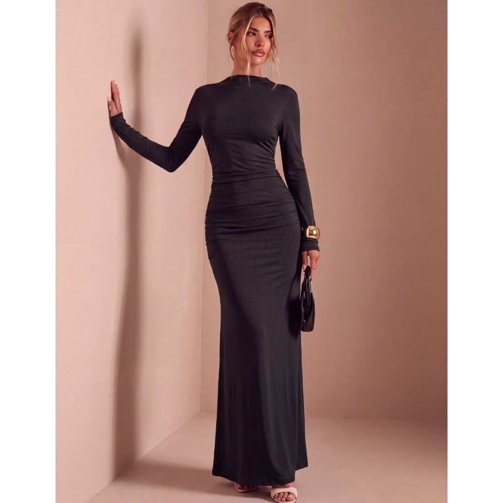 Vestido Longo Feminino Moda Gringa Franzido Nas Laterais Manga Longa Suplex Elegante Festa Casamento