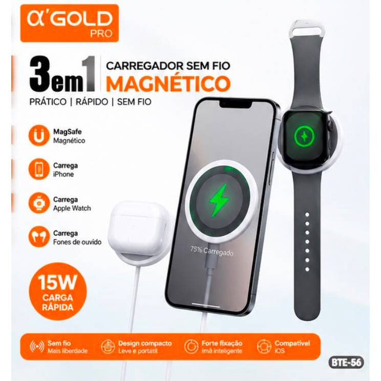 α’GOLD PRO Carregador Sem Fio Magnético 3 em 1 BTE-56 15W para Celular Smartwatch e Fone de Ouvido