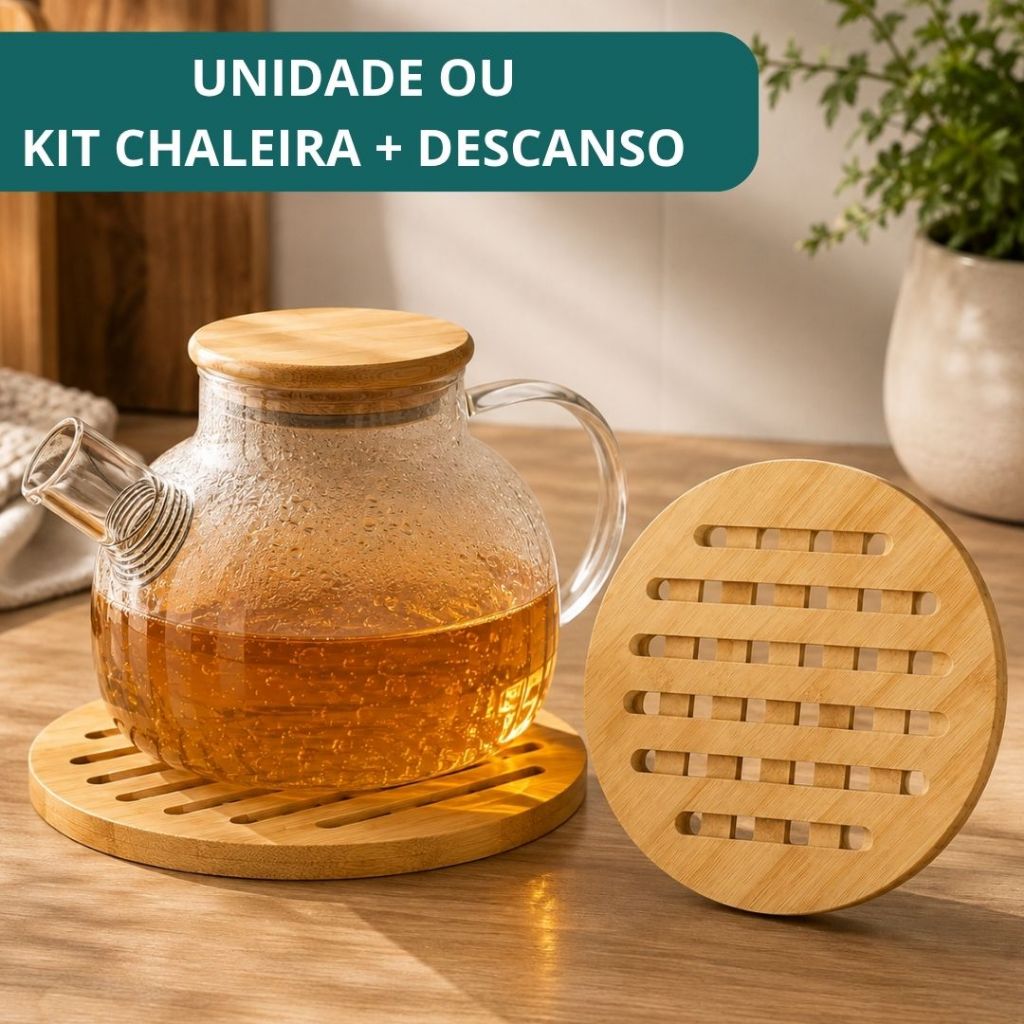 Kit ou Unidade Chaleira de Vidro 1 L + Descanso de Panela em Bambu