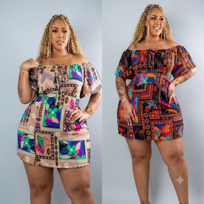 Vestido  Macaquinho Curto Plus Size Com Manga Vestido C/Short Por Baixo