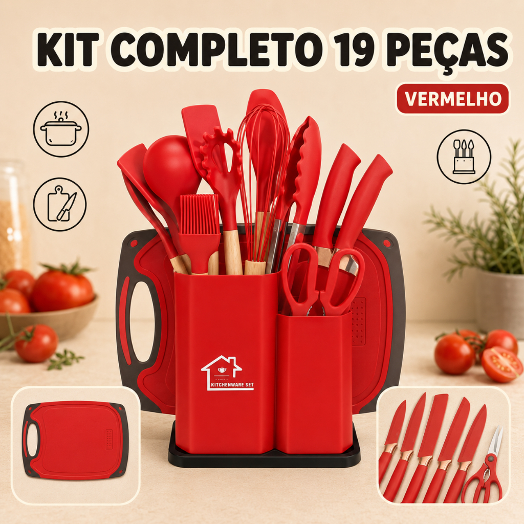 Cozinha Segura e Completa! Kit de Utensílios 19 Peças com Facas, Tábua e Suporte +kit cozinha +facas +utensílios +tábua.