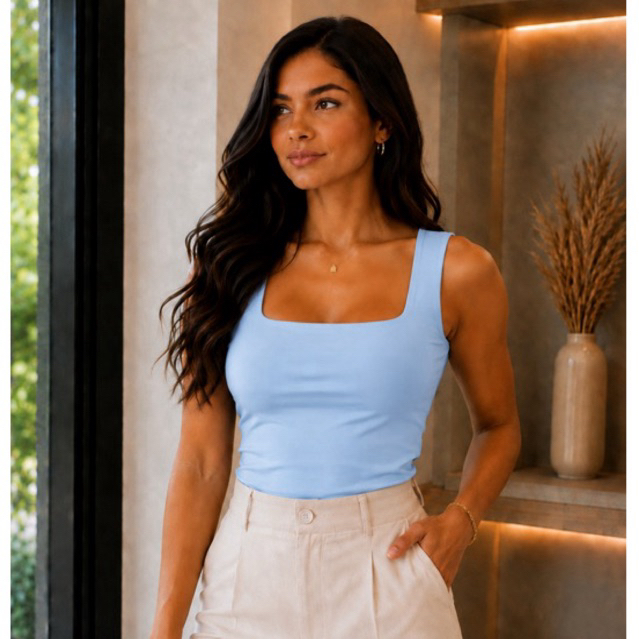 Regata Feminina Decote Gola Quadrada Blogueira Lisa Alça Larga Blusinha Casual Verão