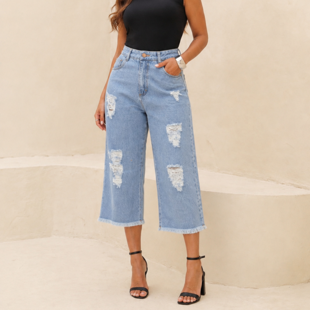Calça Feminina Pantacourt/Pantalona cós alto jeans Curta Tecido Grosso 100% Algodão