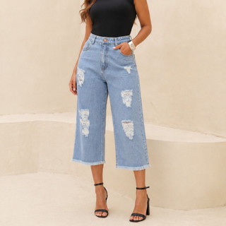 Calça Feminina Pantacourt/Pantalona cós alto jeans Curta Tecido Grosso 100% Algodão