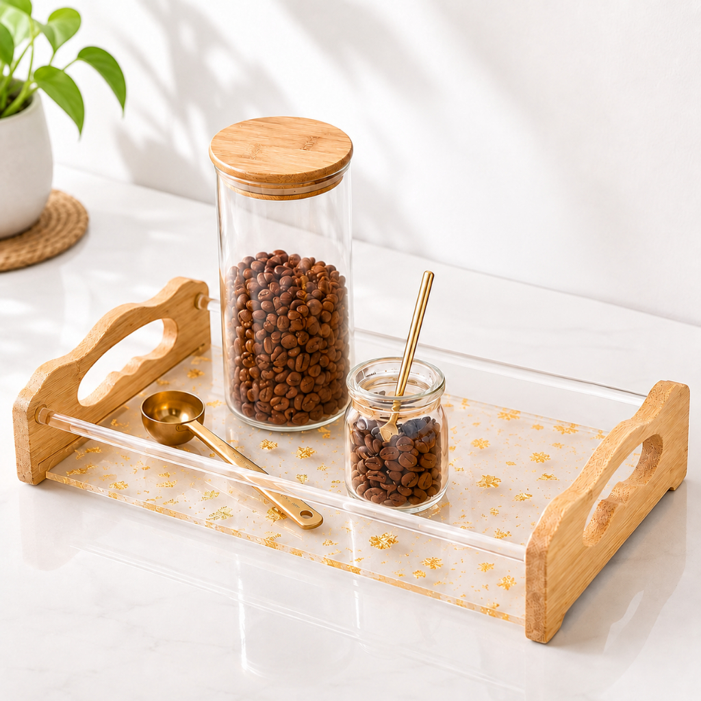 bandeja luxo decorativa e organizadora de acrílico com folhas de ouro alça de bambu acabamento premium P e G
