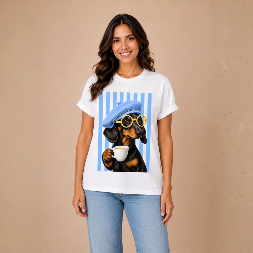 T-Shirt Feminina Algodão Com Estampa Cachorro Salsicha Listrada Cafe Moda Casual