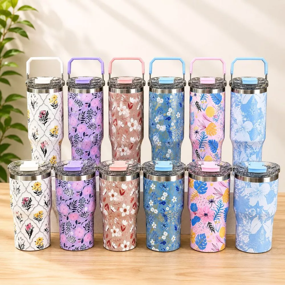 Garrafa Térmica Estampada 600ml 900ml com Alça e Canudo Copo Térmico Inox para Água Viagem Academia-L03