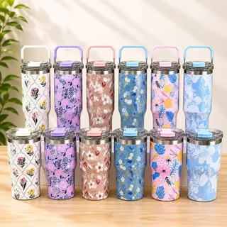 Garrafa Térmica Estampada 600ml 900ml com Alça e Canudo Copo Térmico Inox para Água Viagem Academia-