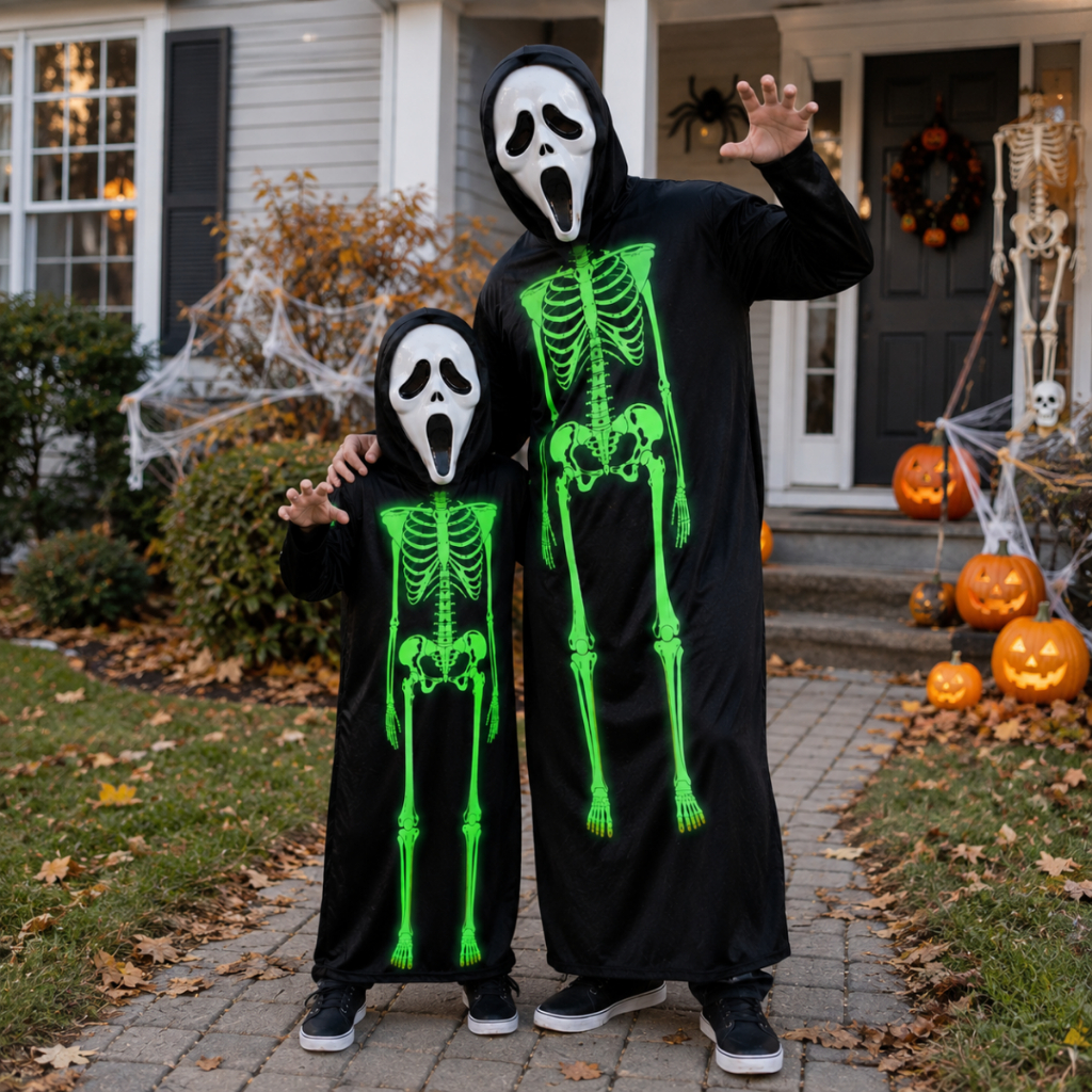 Fantasia Esqueleto Neon Caveira Fluorescente Brilha no Escuro com Máscara Halloween Adulto Infantil Dia Bruxas Pânico — imagem 2 de 2