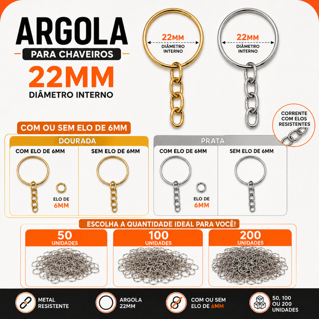 Conjunto Argolas para Chaveiro 22mm com Corrente Prata Dourada 50 a 200 Peças com ou sem Elo 6mm