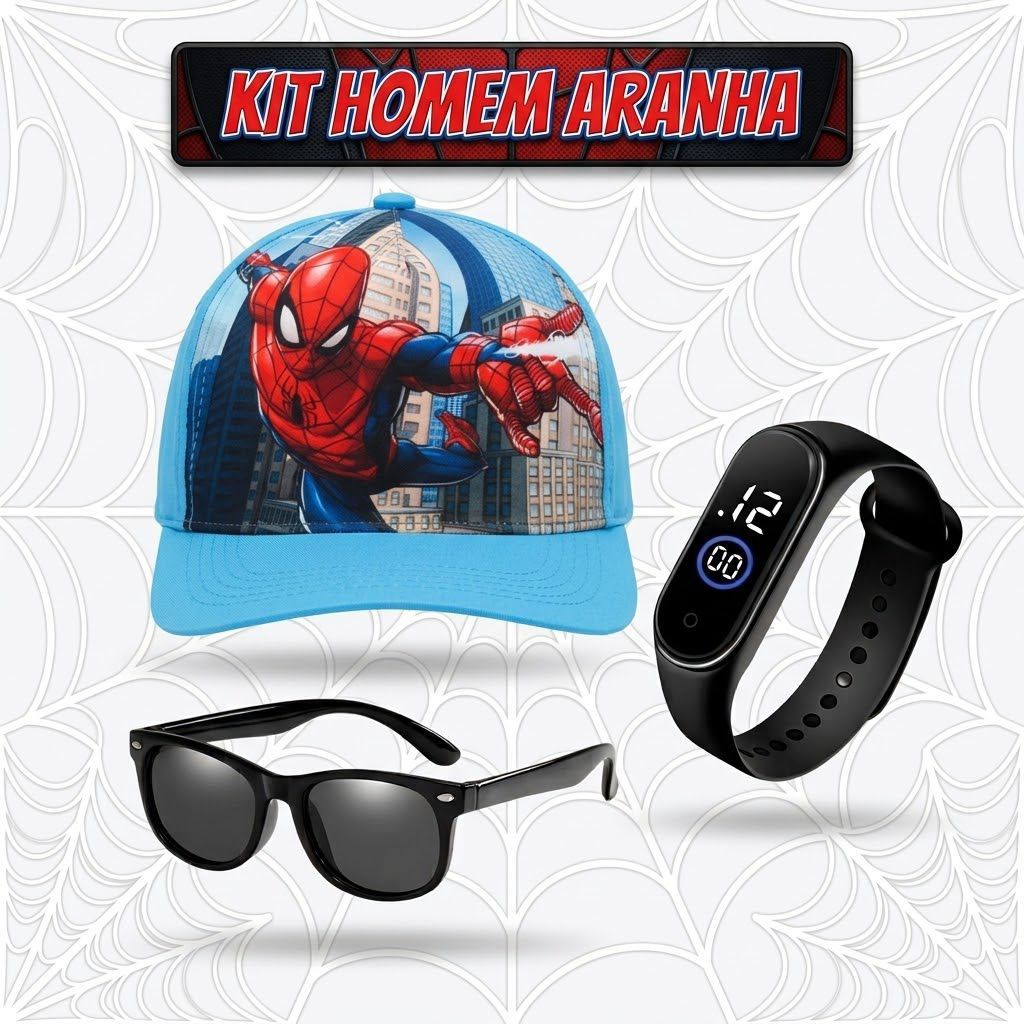 Kit Homem Aranha Boné Óculos + Relógio Resistente à Água Menino Presente Dia das Crianças