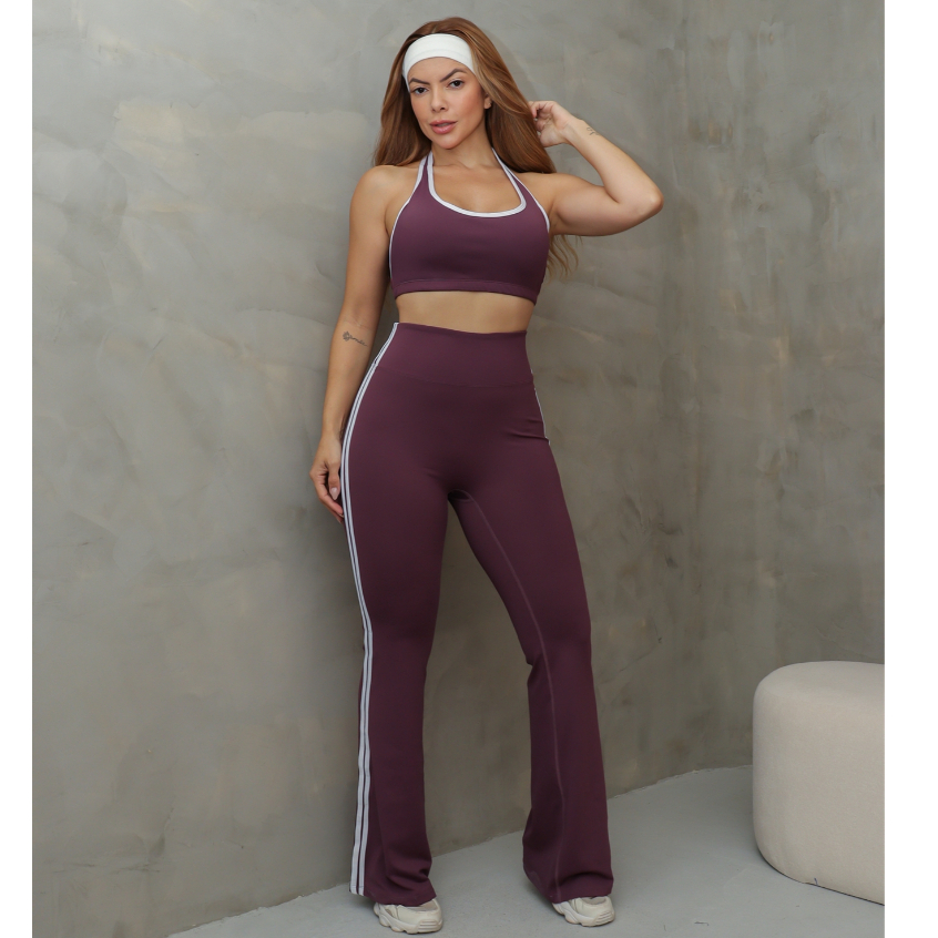Conjunto Fitness Feminino Esportivo Top Cropped e Calça Flare Academia Treino SD4001