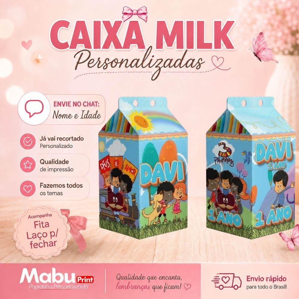 Kit Caixinhas Milk Personalizada Com Nome Tema 3 PALAVRINHAS Personalizada Lembrancinhas de Festa - Caixa Milk