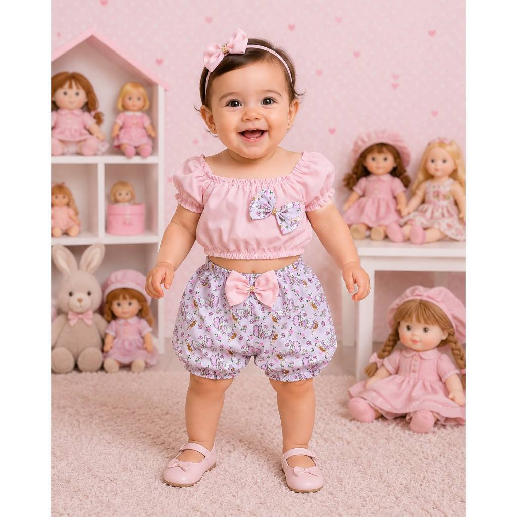 Conjunto Bebe Verao T-Shirt com Short Laço com Faixa de Cabelo Moda Blogueirinha