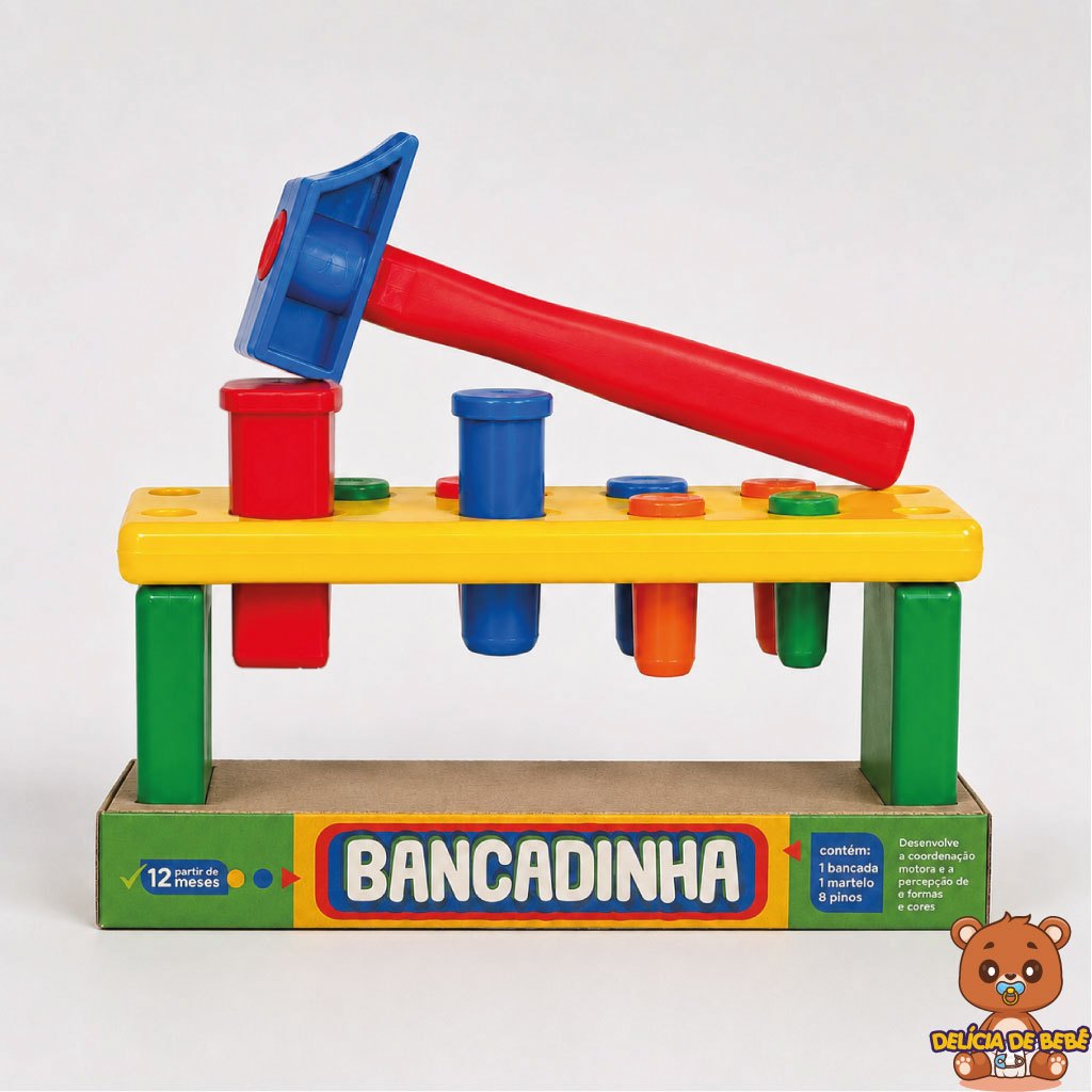 Brinquedo Educativo Bancadinha Bebê Martelo e Pinos Coloridos e Geométricos Sensorial Montessori