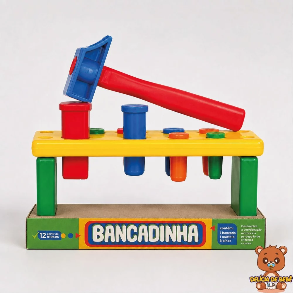 Brinquedo Educativo Bancadinha Bebê Martelo e Pinos Coloridos e Geométricos Sensorial Montessori