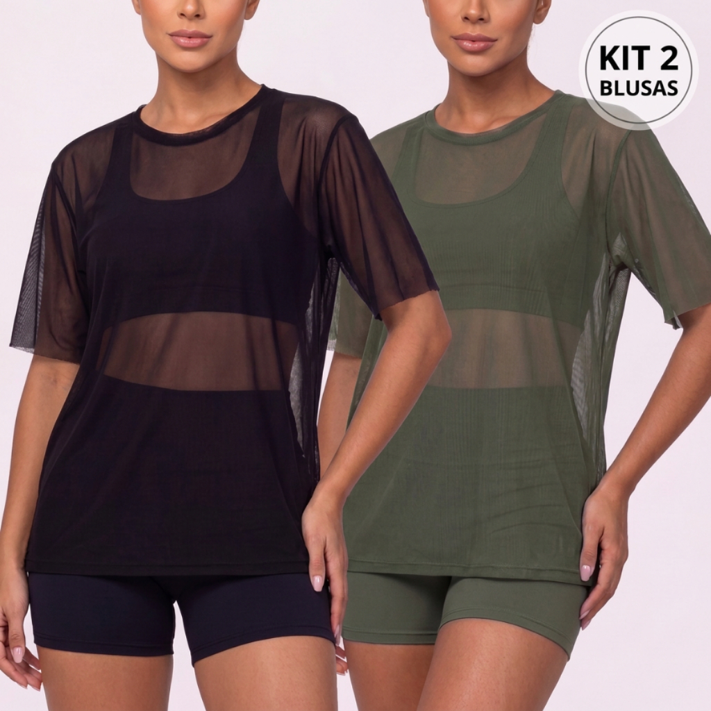 Kit 2 Blusa Feminina Transparente de Tule Manga Curta Blusão Academia Treino Fitness