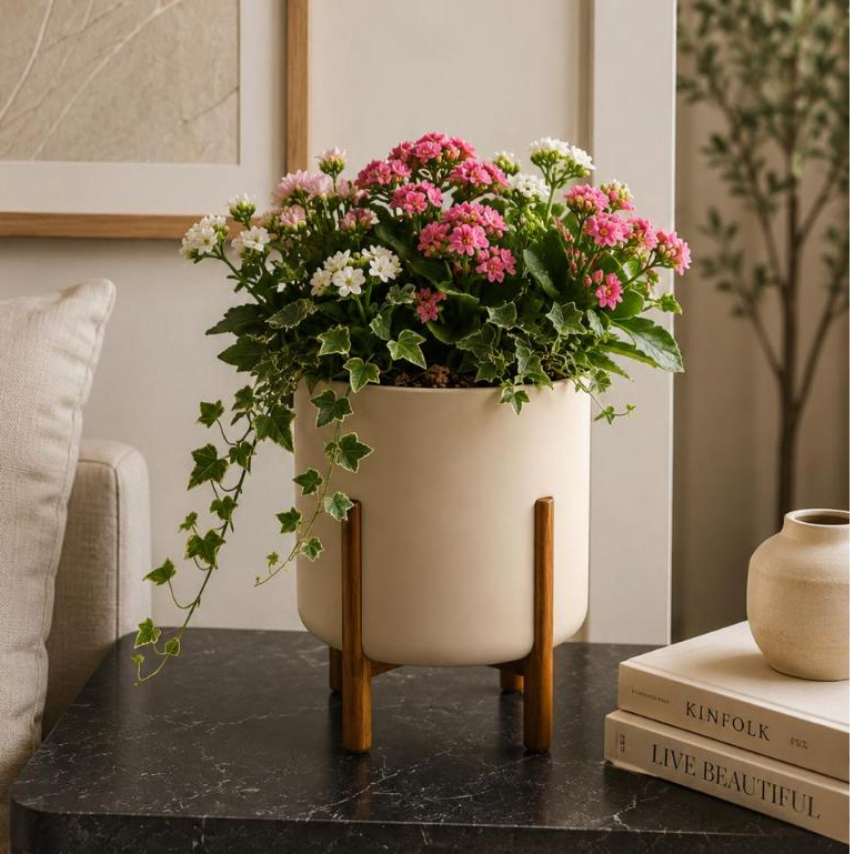 VASO DE PLANTA NÓRDICO P DECORAÇÃO POLIETILENO 29X25 COM PÉS DE MADEIRA MODERNO MESA ESCRITÓRIO APARADOR