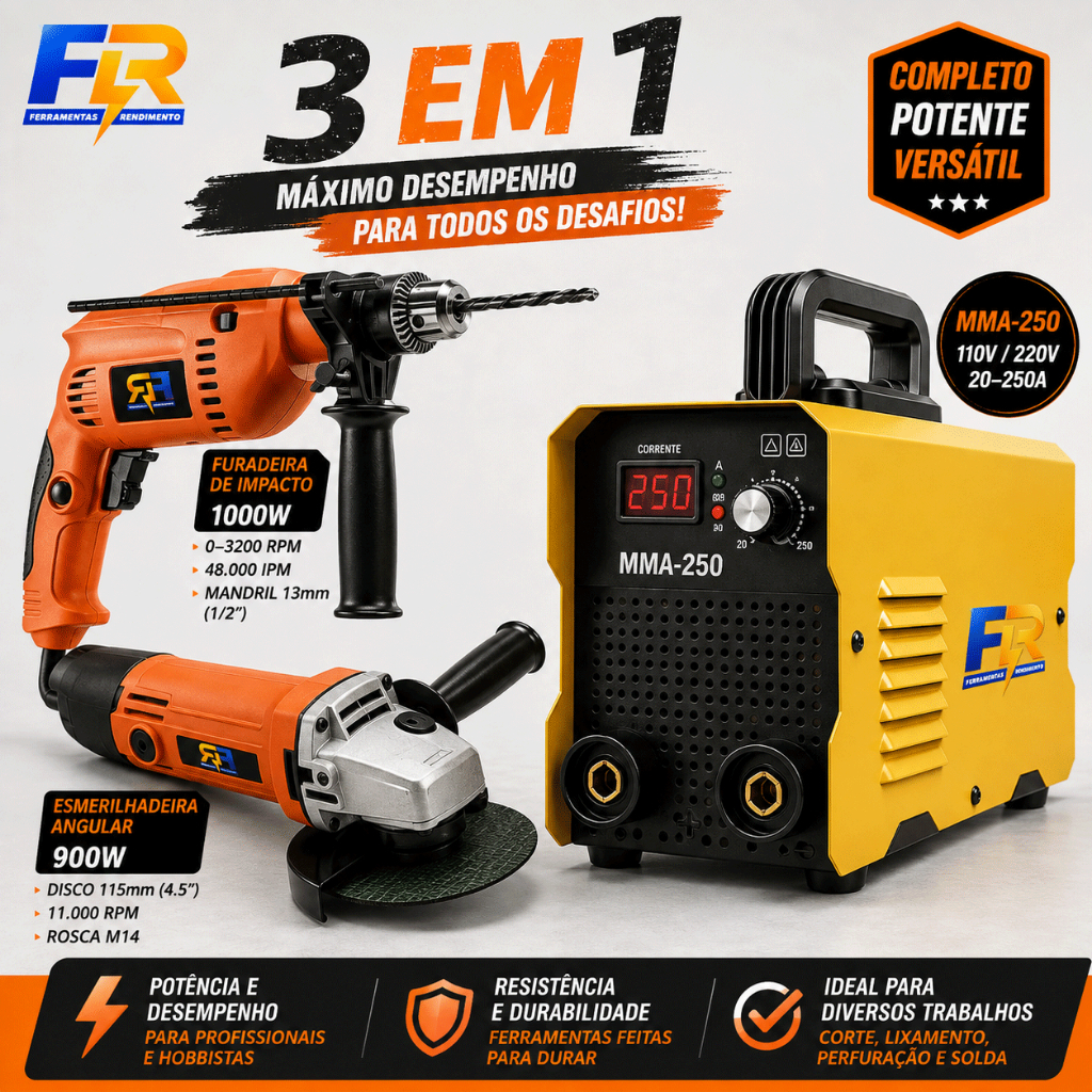 Esmerilhadeira lixadeira Angular +Furadeira De Impacto+Máquina de Solda Inversora de solda 220V/110V MMA-250