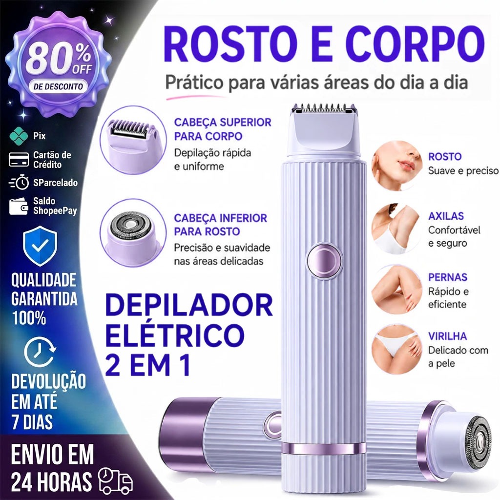 Depilador Removedor de Pelos Facial e Corporal – Sem Fio Recarregável Indolor Seguro Sem Irritação
