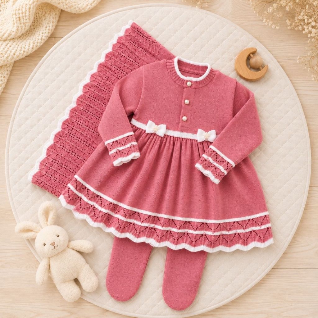 Conjunto Vestido Dois Laços Saída Maternidade Elegante Tricot Infantil Tricô Confortável