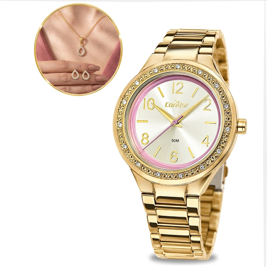 Kit Relógio Condor Feminino Dourado Strass Analógico Redondo Aço Inox Delicado Elegante Minimalista Moderno Original