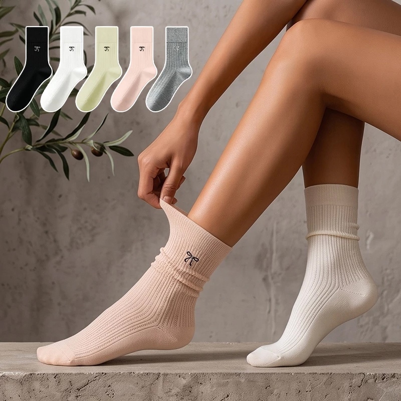 Kit Meias Cano Médio Femininas Laço Bordado 6 9 12 15 Pares, Cores Neutras Lisas, Conforto Uso Diário