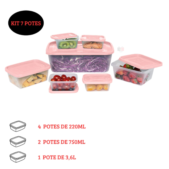 [PRONTA-ENTREGA] Kit 7 Potes Organizadores de Alimentos com Tampa Prático Multiuso Micro-ondas e Freezer Resistente