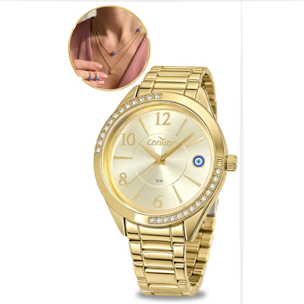 Kit Relógio Condor Feminino Dourado Analógico Redondo Olho Grego Casual Elegante Minimalista Prova D'água Original
