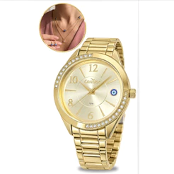 Kit Relógio Condor Feminino Dourado Analógico Redondo Olho Grego Casual Elegante Minimalista Prova D'água Original