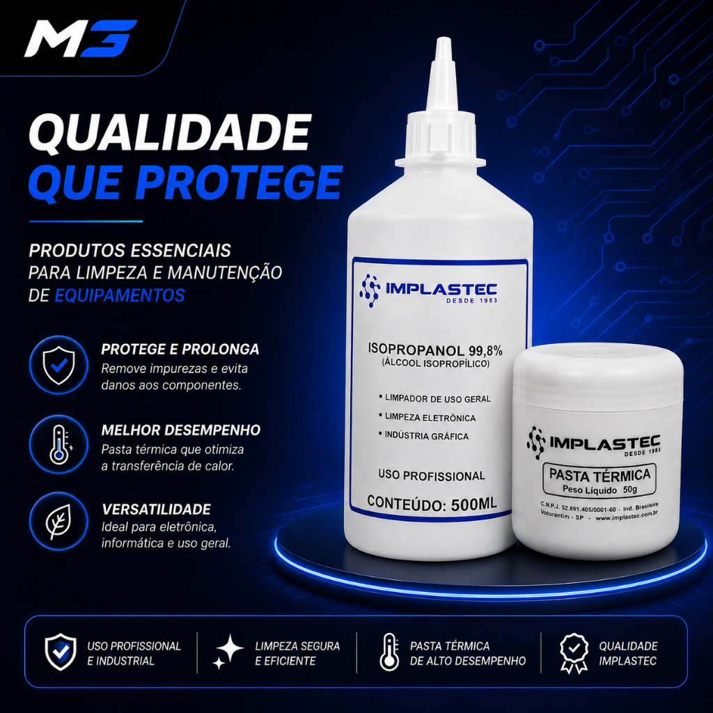 Kit Álcool Isopropílico 500ml + Pasta Térmica 50g Implastec Limpeza Eletrônica