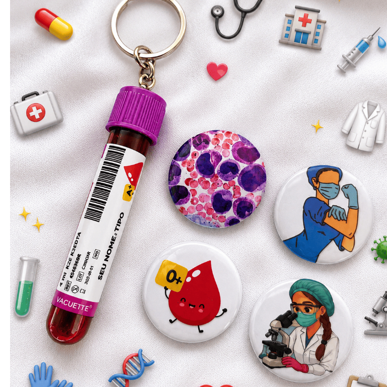 Chaveiro Personalizado em Formato de Tubo de Sangue e Chaveiro de acrílico– EDTA,Soro ou Citrato+ Nome e Tipo Sanguíneo