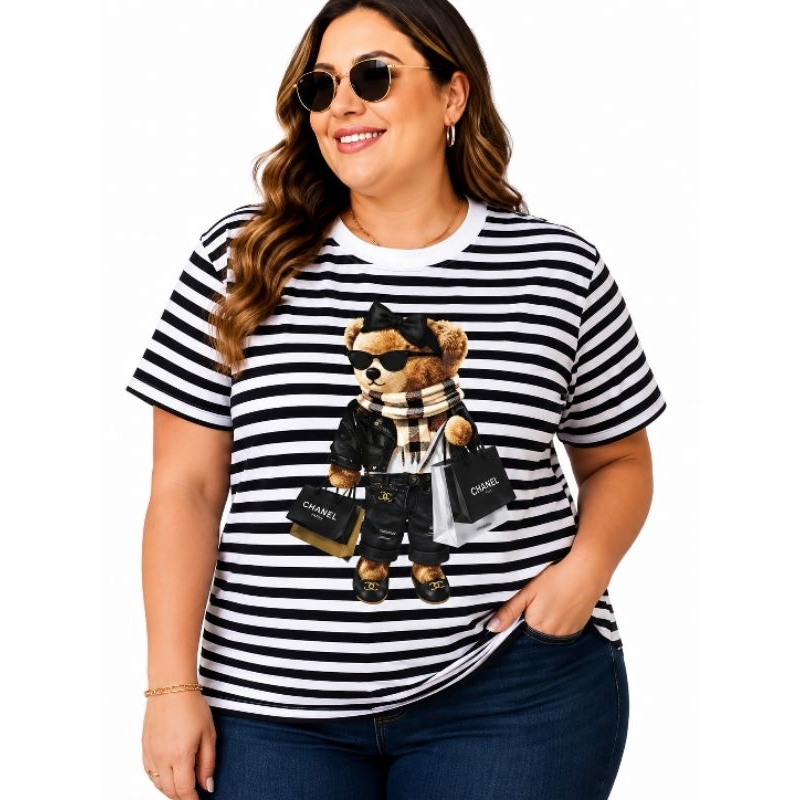 Camiseta T-Shirt Feminina Plus Size Listrada