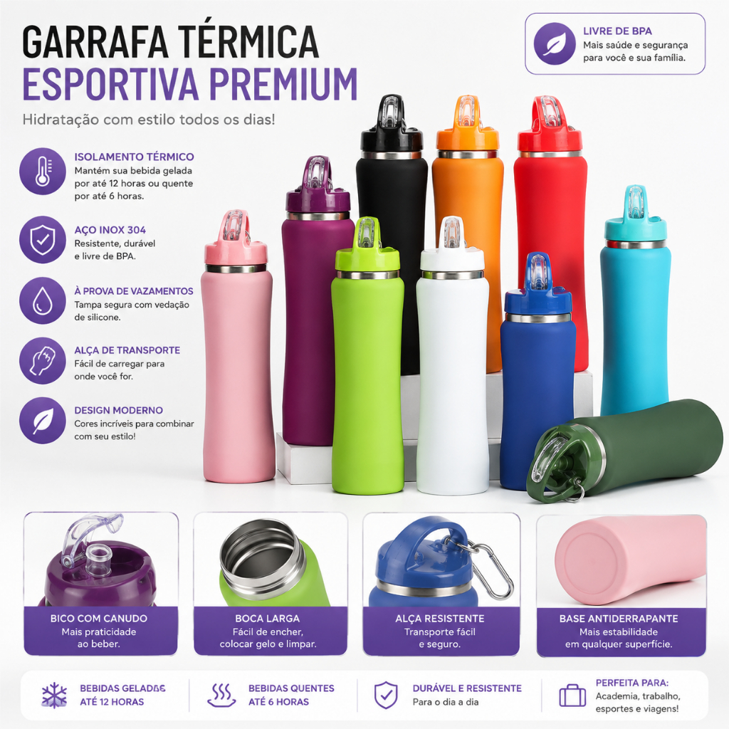 Garrafa Térmica Esportiva com Bico e Alça para Academia Trabalho Viagem copo